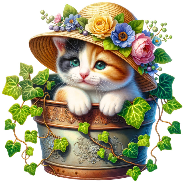 Cat in a decorative pot with flowers and leaves fabric panel