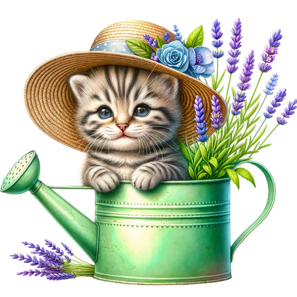 Kitten in a watering can with flowers and a hat fabric panel