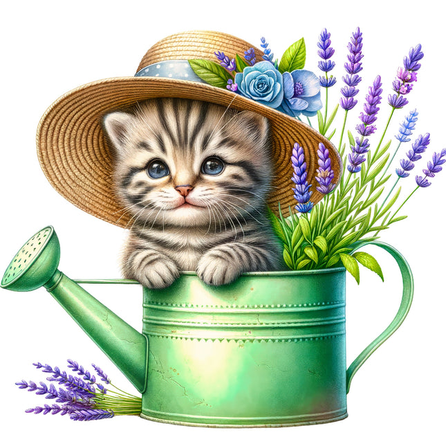 Kitten in a watering can with flowers and a hat fabric panel