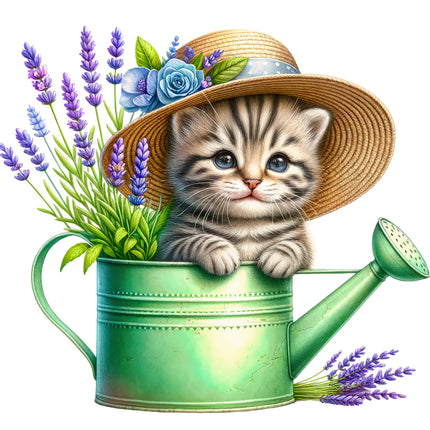 Kitten in a watering can with flowers and lavender on a white background