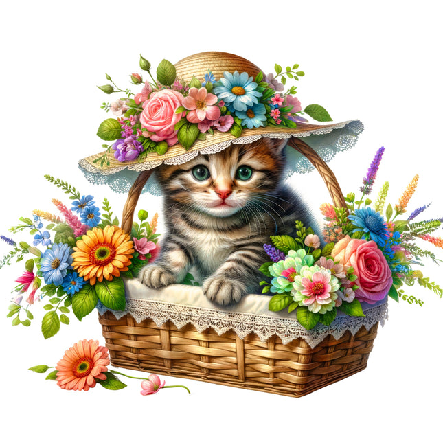 Kitten in a basket with a floral hat surrounded by flowers quilt panel