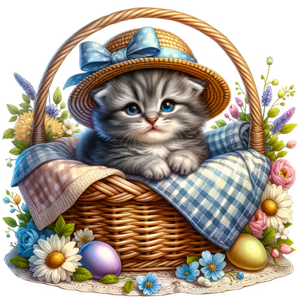 Kitten in a basket with flowers and eggs quilt panel