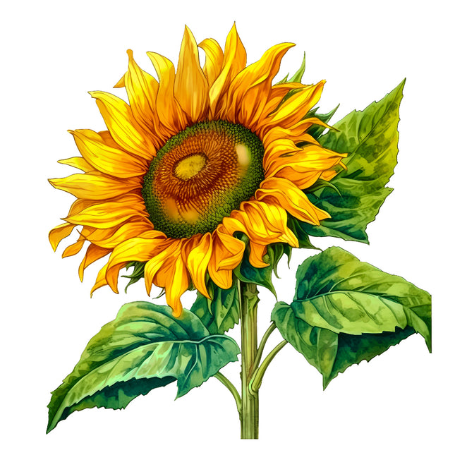 Illustration of a sunflower with green leaves fabric panel