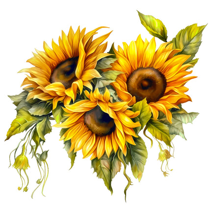 three sunflowers with green leaves fabric panel