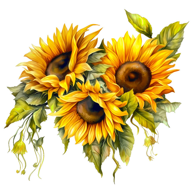 three sunflowers with green leaves fabric panel