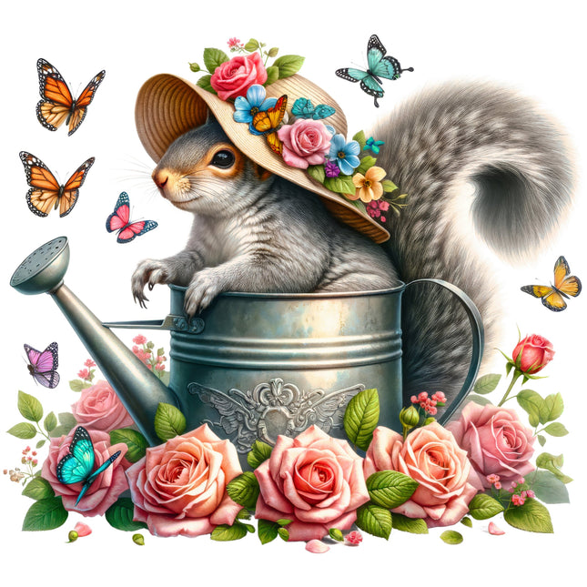 Squirrel in a decorative hat with flowers, surrounded by roses and butterflies on a white background