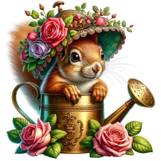 Squirrel with a floral headband and roses around, holding a decorative watering can.