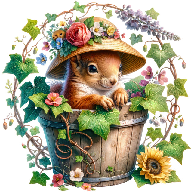 Squirrel in a decorative hat with flowers, sitting in a wooden barrel surrounded by foliage and flowers.