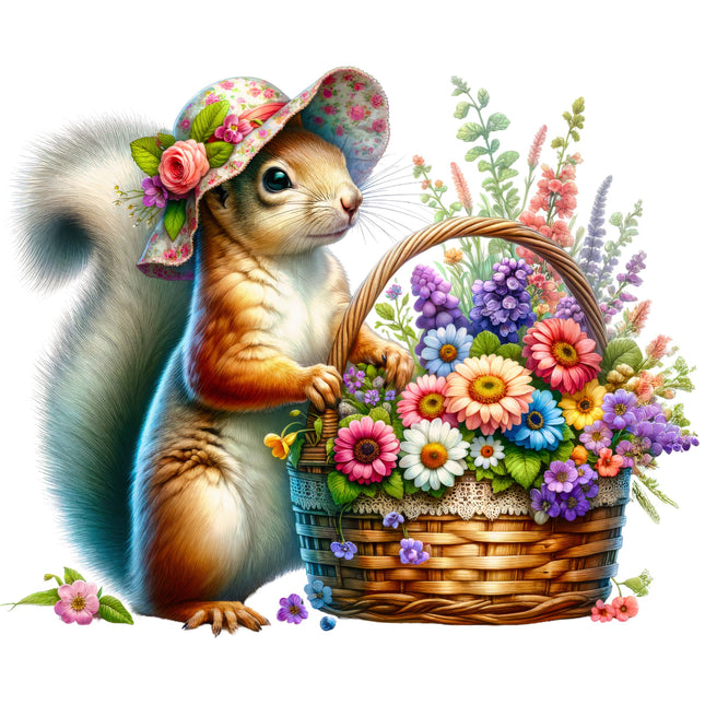 Squirrel with a flower hat holding a basket of flowers on a white background