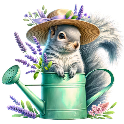 Squirrel in a watering can with flowers fabric panel