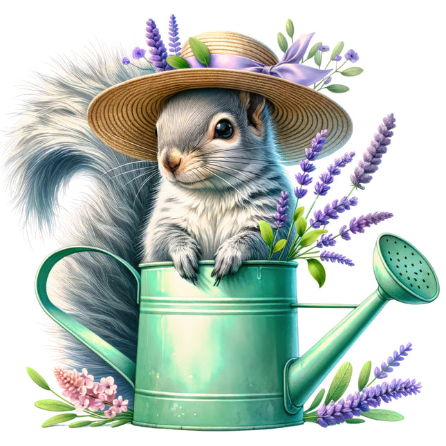 Squirrel in a straw hat sitting in a watering can with lavender flowers on a white background