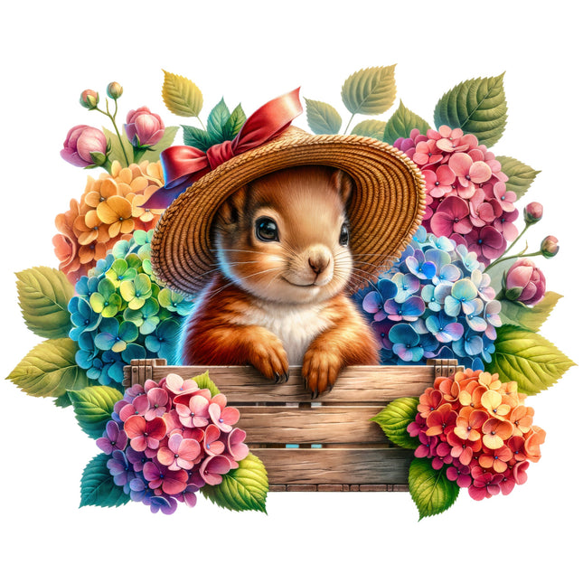 Squirrel wearing a hat among colorful flowers