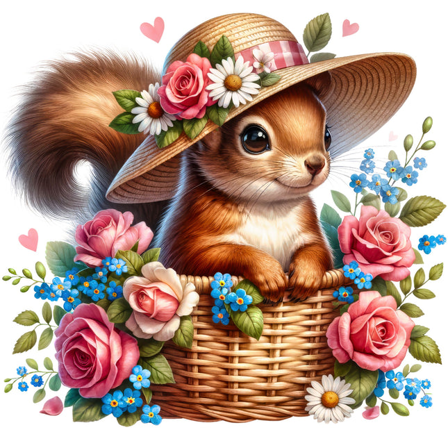 Squirrel in a hat with flowers surrounded by more flowers and leaves on a white background