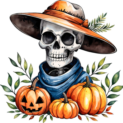 Skull wearing a hat with pumpkins and leaves fabric panel