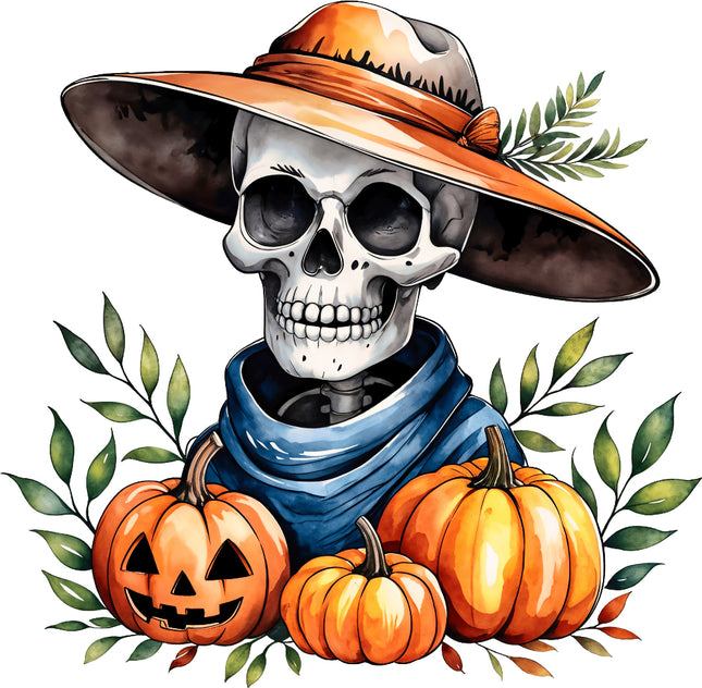 Skull wearing a hat with pumpkins and leaves fabric panel