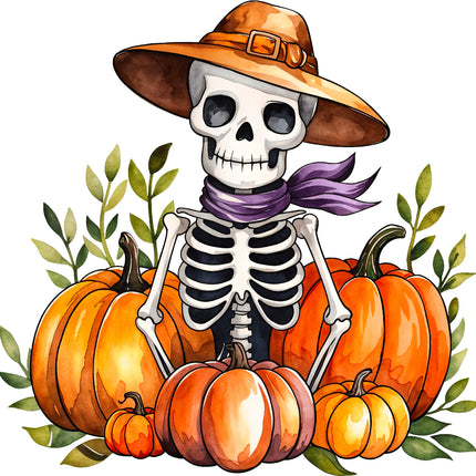 Skeleton wearing a hat and scarf surrounded by pumpkins fabric panel
