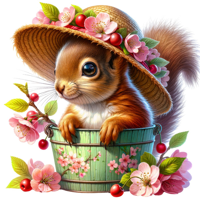 Squirrel wearing a decorative hat with flowers and berries, surrounded by floral elements on a white background.
