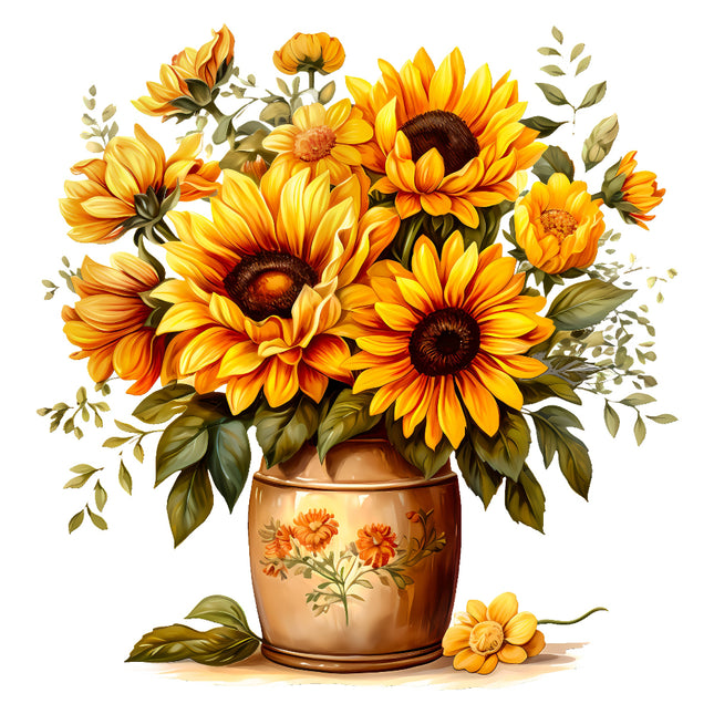 Bouquet of sunflowers in a copper vase fabric panel