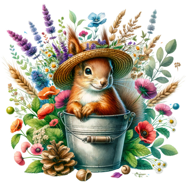 Squirrel in a hat sitting in a bucket surrounded by flowers and plants