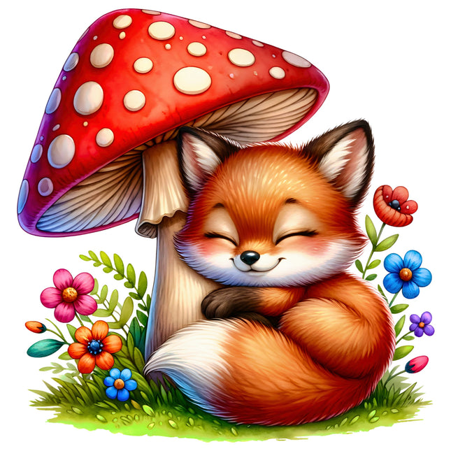 Illustration of a fox hugging a mushroom with flowers around