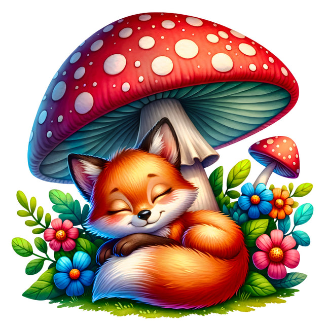 fox sleeping under a large mushroom fabric panel