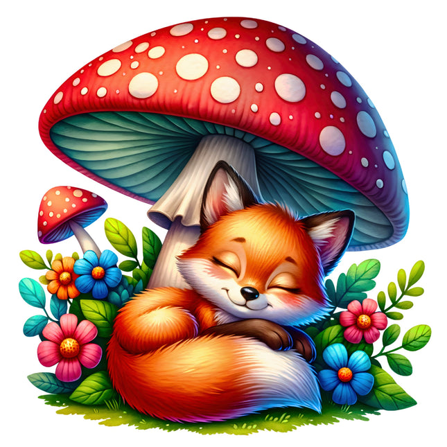 Illustration of a fox sleeping under a large mushroom with colorful flowers and leaves.
