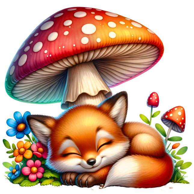 Sleeping fox under a colorful mushroom with flowers and plants fabric panel