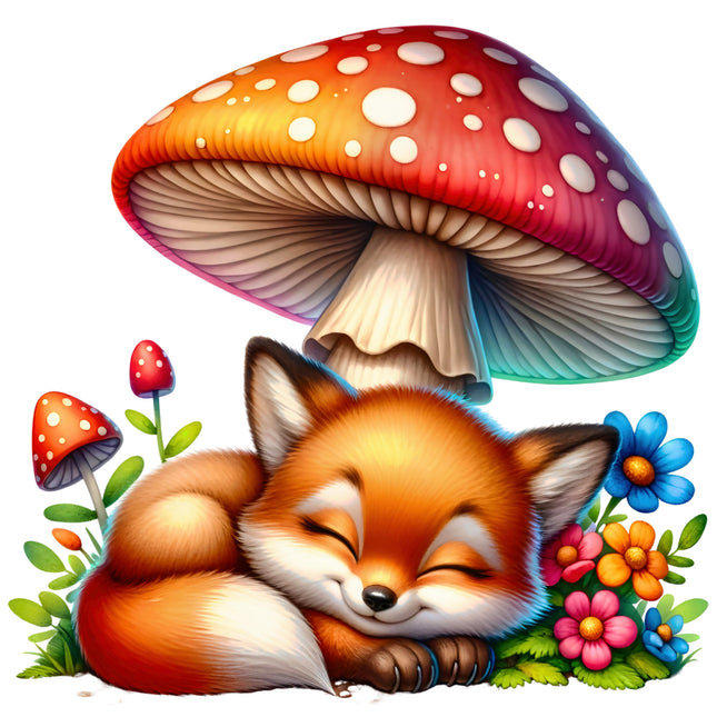 Sleeping fox under a colorful mushroom with flowers and plants on a white background