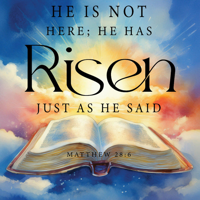 A fabric panel with an image of an open Bible and the words 'HE IS NOT HERE; HE HAS Risen' printed above it, set against a celestial backdrop.