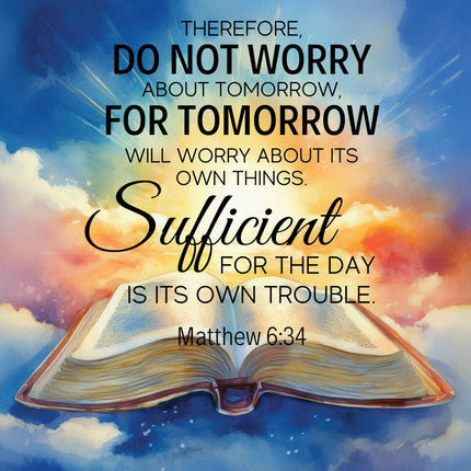 A fabric panel with an open Bible and a quote from Matthew 6:34, 'Therefore, do not worry about tomorrow, for tomorrow will worry about its own things. Sufficient for the day is its own trouble.