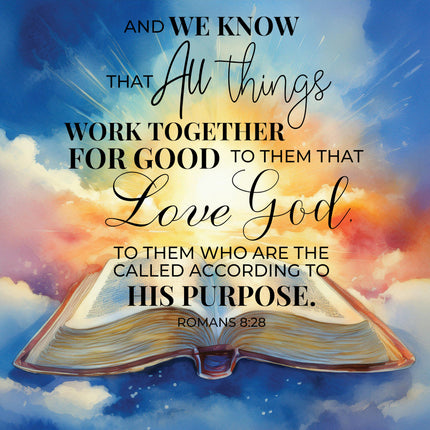 A fabric panel with an open Bible and a quote from Romans 8:28, 'And we know that all things work together for good to them that love God, to them who are the called according to His purpose.'.