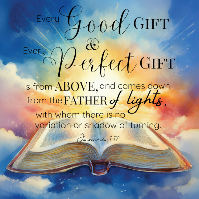 A fabric panel with an open Bible and a quote from James 1:17 'Every good gift and every perfect gift is from above, and comes down from the Father of lights, with whom there is no variation or shadow of turning.'.