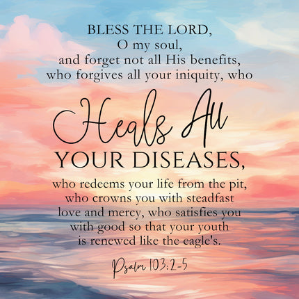 A fabric panel with a block of text featuring a scripture verse, Psalm 103:2-5, set against a colorful sunset background.