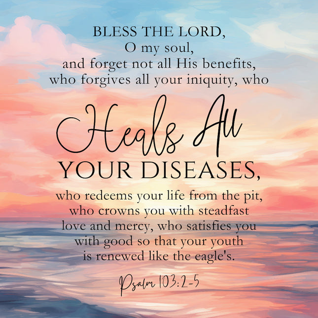 A fabric panel with a block of text featuring a scripture verse, Psalm 103:2-5, set against a colorful sunset background.