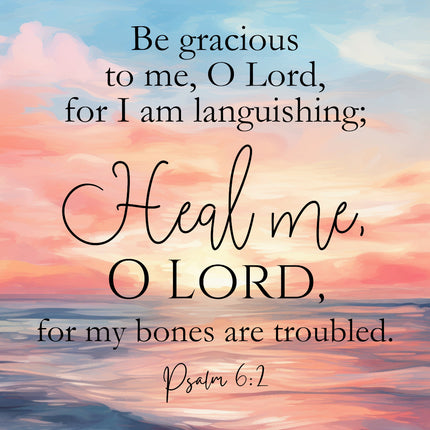 A fabric panel with a quote from Psalm 6:2, 'Be gracious to me, O Lord, for I am languishing; Heal me, O Lord, for my bones are troubled.' set against a sunset sky background.