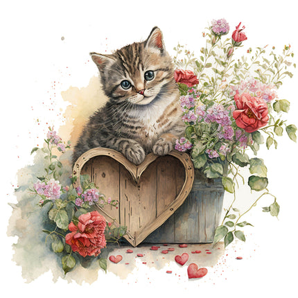 A fabric panel featuring a digitally printed design with a kitten sitting in a wooden heart-shaped box surrounded by red and pink roses.
