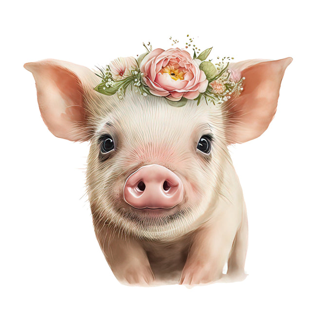 A fabric panel block featuring an image of a pig's face with a floral crown on its head, digitally printed on cotton material.