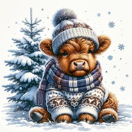 A digitally printed 100% cotton fabric panel featuring a cute Highland cow wearing a hat and scarf, sitting in a winter scene with snow and a Christmas tree.