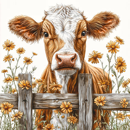 A digitally printed 100% cotton fabric panel featuring a cow with flowers and a wooden fence.