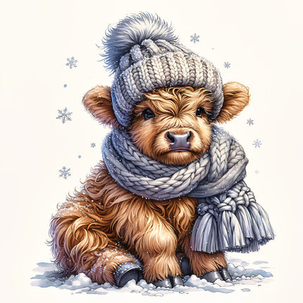 A digitally printed 100% cotton fabric panel featuring a cute highland cow wearing a grey knitted hat and scarf, with a snow-covered ground and snowflakes in the background.