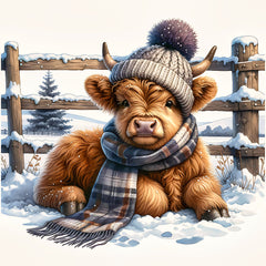 A digitally printed 100% cotton fabric panel featuring a cute highland cow wearing a beanie and scarf, sitting in a snowy fence with a winter landscape in the background.