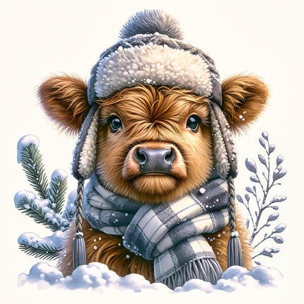 A fabric panel featuring a digital print of a Highland cow wearing a woolly hat and scarf in a wintery scene with snow and foliage.