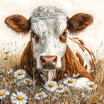 A digitally printed 100% cotton fabric panel featuring a realistic cow with brown spots lying in a field with daisy flowers.