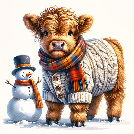 A fabric panel featuring a digital print of a Highland cow wearing a scarf and a snowman on a white background, likely intended for quilting or sewing.