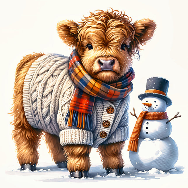 highland cow in winter clothing with a snowman fabric panel