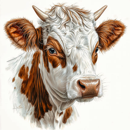 A digitally printed fabric panel featuring a close-up of a cow's face with brown spots 
