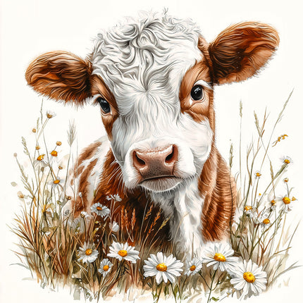 A digitally printed 100% cotton fabric panel featuring a cow with flowers in the background.