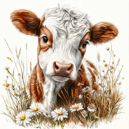 brown and white cow in a field with flowers fabric panel