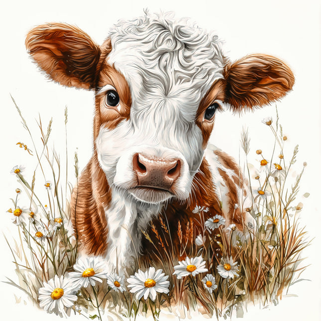 brown and white cow in a field with flowers fabric panel