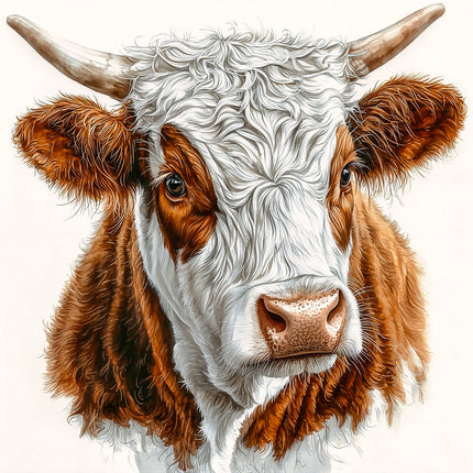 A digitally printed 100% cotton fabric panel featuring a close-up image of a cow's face with white, brown, and gray colors.